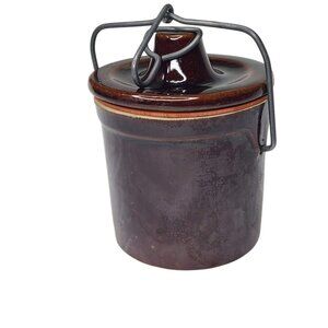 Brown Glazed Stoneware Cheese Crock Wire Bale Locking Top Farmhouse Decor
